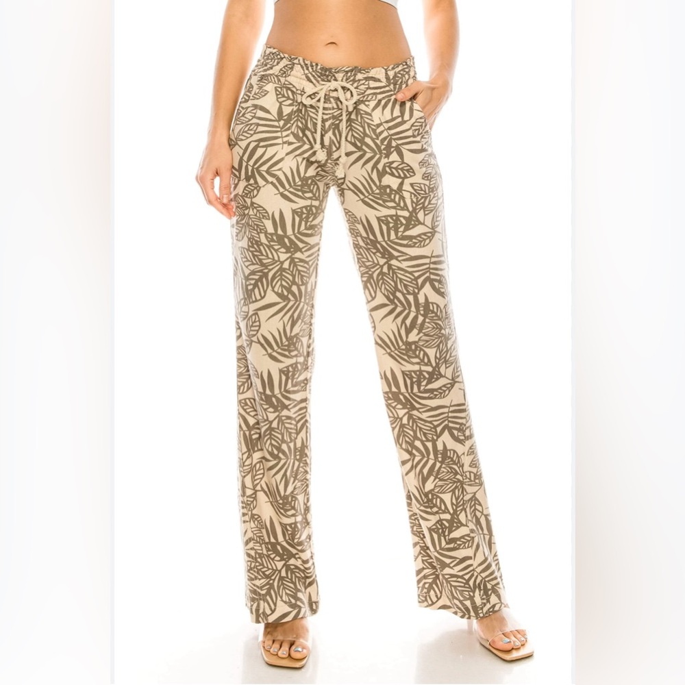 April kiss women’s M linen blend floral print pants stretch drawstring waistband